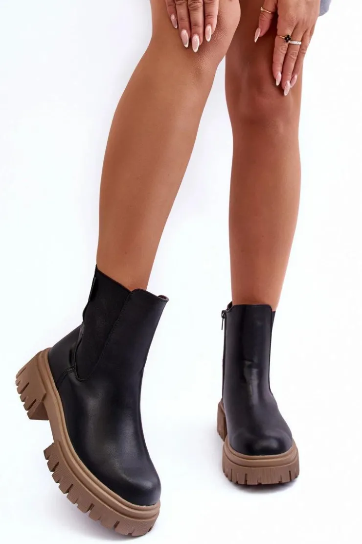 Big Star Shoes Czarne Botki|Botki Zimowe Damskie*Ocieplane Masywne Botki Sztyblety Big Star MM274606 Czarne