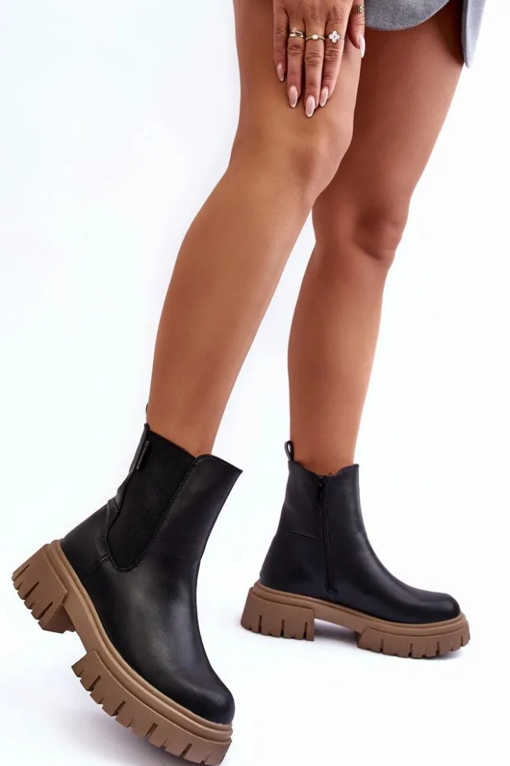 Big Star Shoes Czarne Botki|Botki Zimowe Damskie*Ocieplane Masywne Botki Sztyblety Big Star MM274606 Czarne