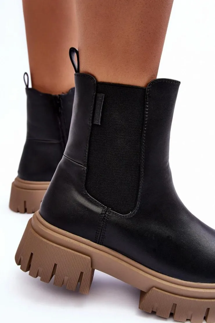 Big Star Shoes Czarne Botki|Botki Zimowe Damskie*Ocieplane Masywne Botki Sztyblety Big Star MM274606 Czarne