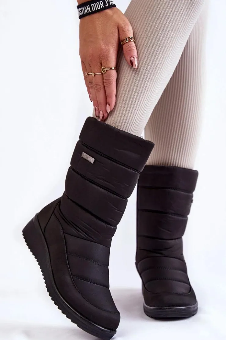 Damskie Evento Ocieplane Śniegowce Na Koturnie Czarne Calena