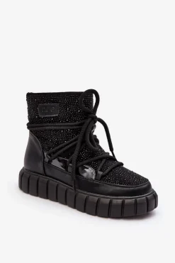 GOE Śniegowce Damskie*Ocieplane Śniegowce Zdobione Dżetami MM2N4080 Czarne