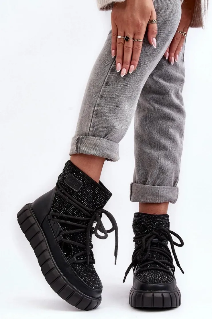 GOE Śniegowce Damskie*Ocieplane Śniegowce Zdobione Dżetami MM2N4080 Czarne