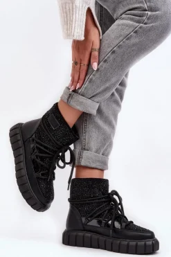 GOE Śniegowce Damskie*Ocieplane Śniegowce Zdobione Dżetami MM2N4080 Czarne