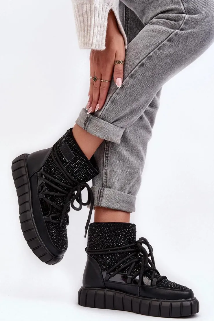 GOE Śniegowce Damskie*Ocieplane Śniegowce Zdobione Dżetami MM2N4080 Czarne