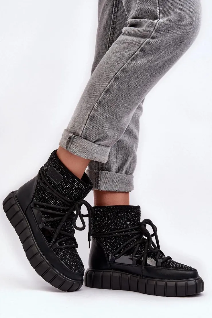 GOE Śniegowce Damskie*Ocieplane Śniegowce Zdobione Dżetami MM2N4080 Czarne