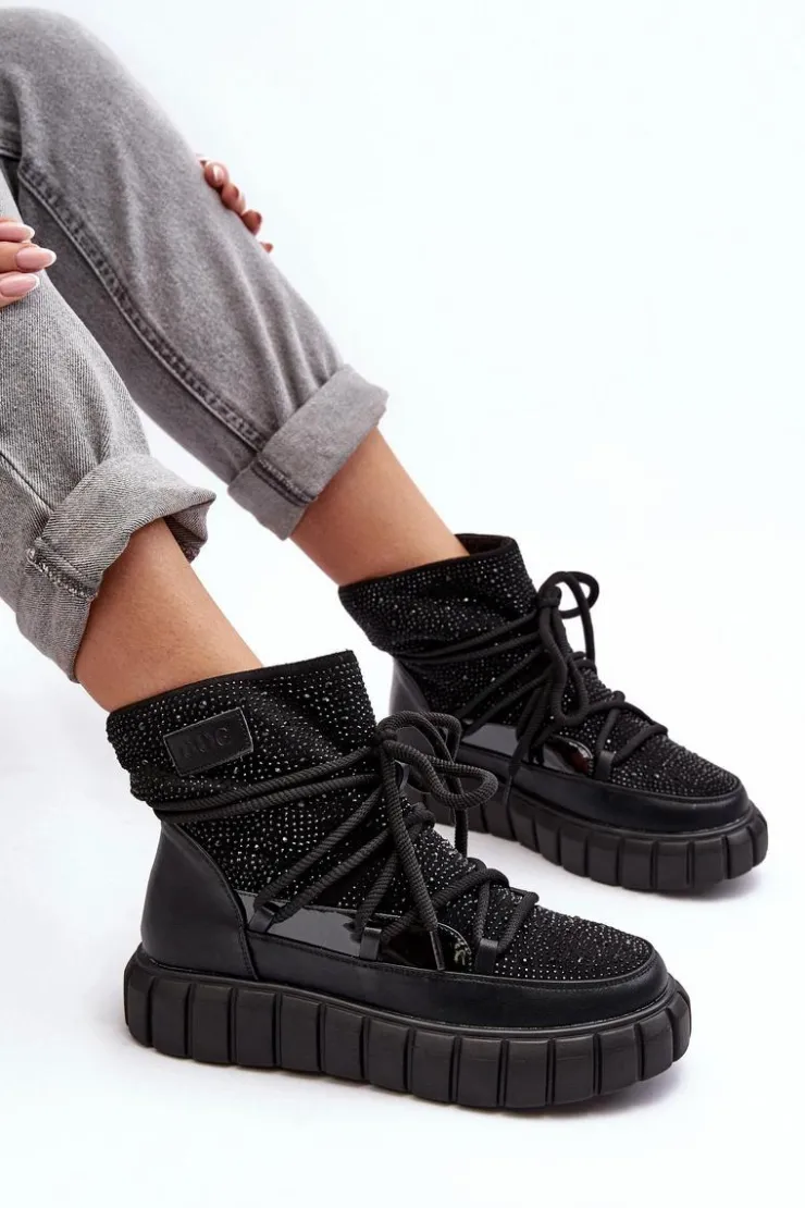 GOE Śniegowce Damskie*Ocieplane Śniegowce Zdobione Dżetami MM2N4080 Czarne