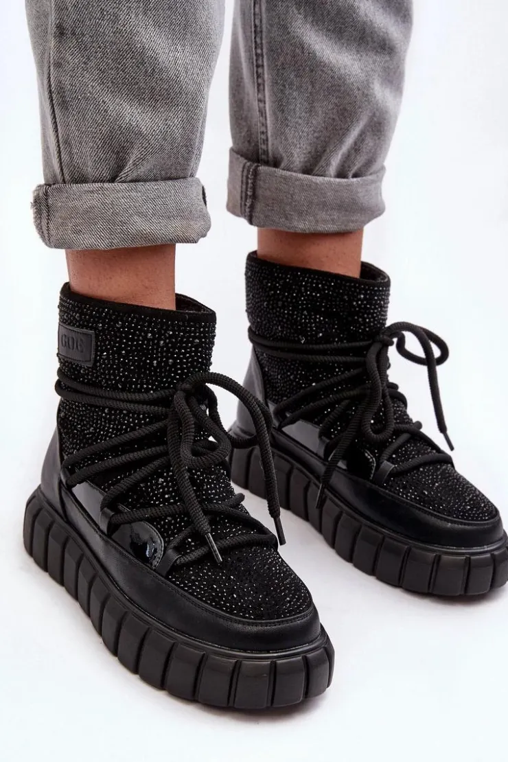 GOE Śniegowce Damskie*Ocieplane Śniegowce Zdobione Dżetami MM2N4080 Czarne