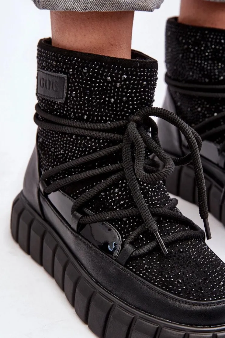 GOE Śniegowce Damskie*Ocieplane Śniegowce Zdobione Dżetami MM2N4080 Czarne