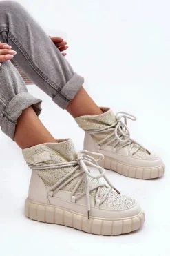 GOE Ocieplane Śniegowce Zdobione Dżetami MM2N4081 Beżowe