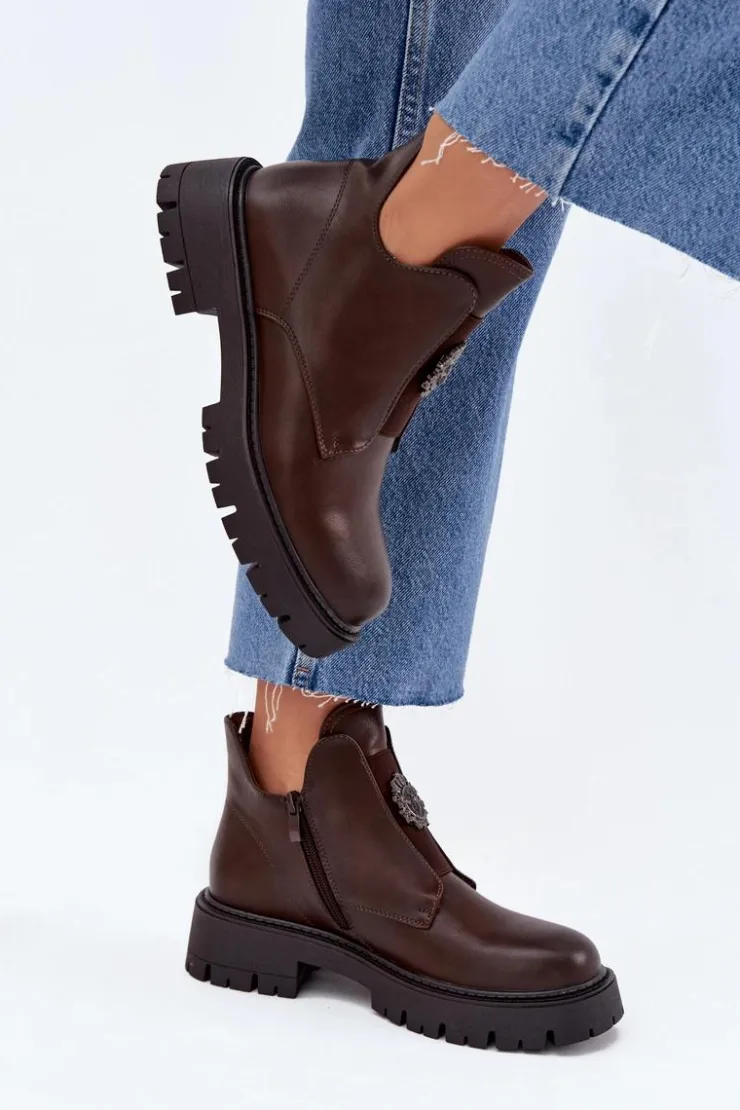 Online Boto Ocieplane Niskie Botki Damskie Z Ozdobą Na Zamek Brązowe Lavira