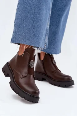 Online Boto Ocieplane Niskie Botki Damskie Z Ozdobą Na Zamek Brązowe Lavira