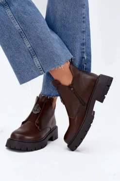 Online Boto Ocieplane Niskie Botki Damskie Z Ozdobą Na Zamek Brązowe Lavira