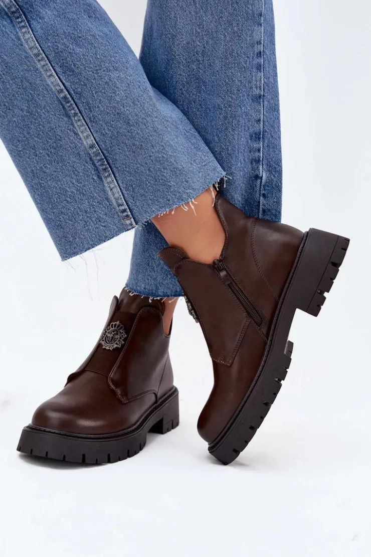 Online Boto Ocieplane Niskie Botki Damskie Z Ozdobą Na Zamek Brązowe Lavira