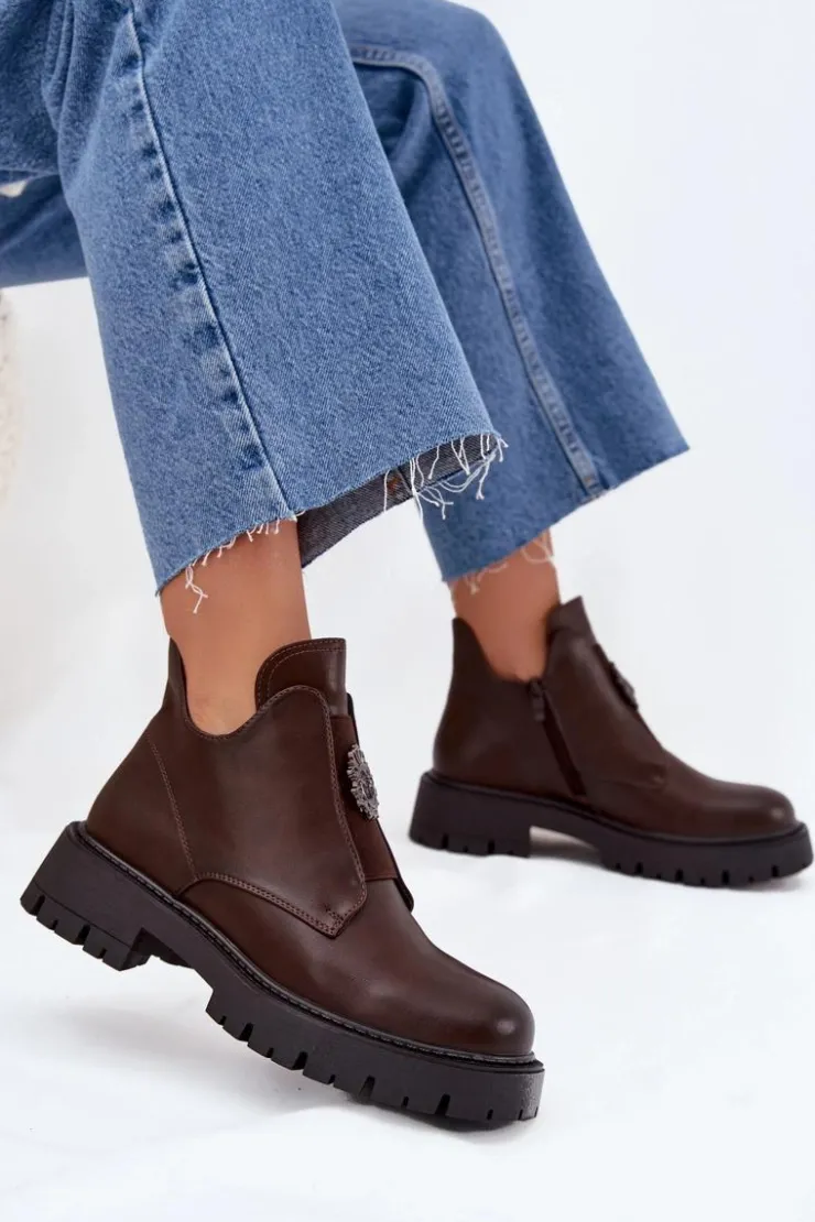 Online Boto Ocieplane Niskie Botki Damskie Z Ozdobą Na Zamek Brązowe Lavira