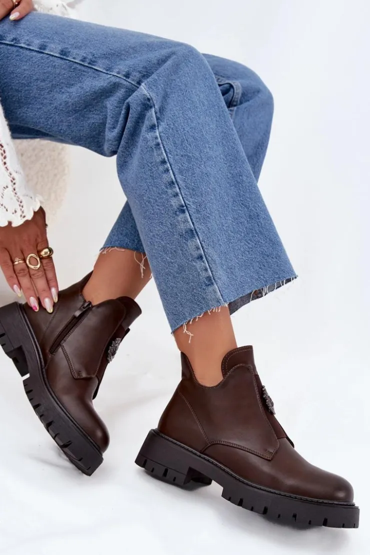 Online Boto Ocieplane Niskie Botki Damskie Z Ozdobą Na Zamek Brązowe Lavira