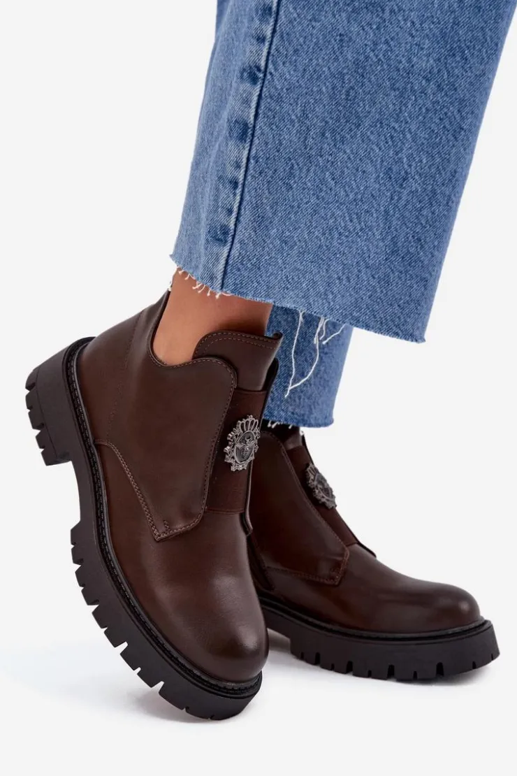 Online Boto Ocieplane Niskie Botki Damskie Z Ozdobą Na Zamek Brązowe Lavira