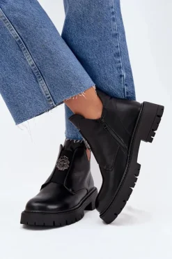 Damskie Boto Ocieplane Niskie Botki Damskie Z Ozdobą Na Zamek Czarne Lavira