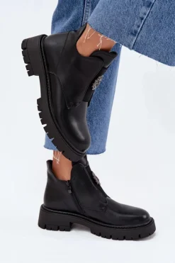 Damskie Boto Ocieplane Niskie Botki Damskie Z Ozdobą Na Zamek Czarne Lavira