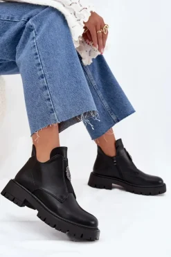 Damskie Boto Ocieplane Niskie Botki Damskie Z Ozdobą Na Zamek Czarne Lavira