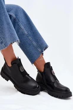 Damskie Boto Ocieplane Niskie Botki Damskie Z Ozdobą Na Zamek Czarne Lavira