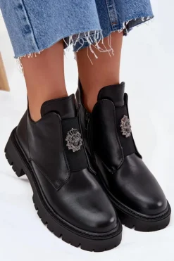 Damskie Boto Ocieplane Niskie Botki Damskie Z Ozdobą Na Zamek Czarne Lavira