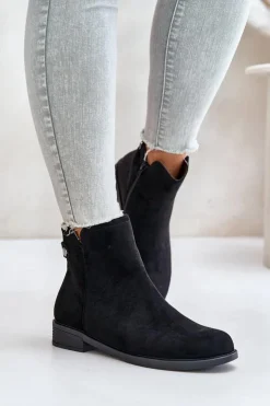 Boto Czarne Botki|Botki Zimowe Damskie*Ocieplane Niskie Botki Sztyblety Na Zamek Eko Zamszowe Czarne Telluara