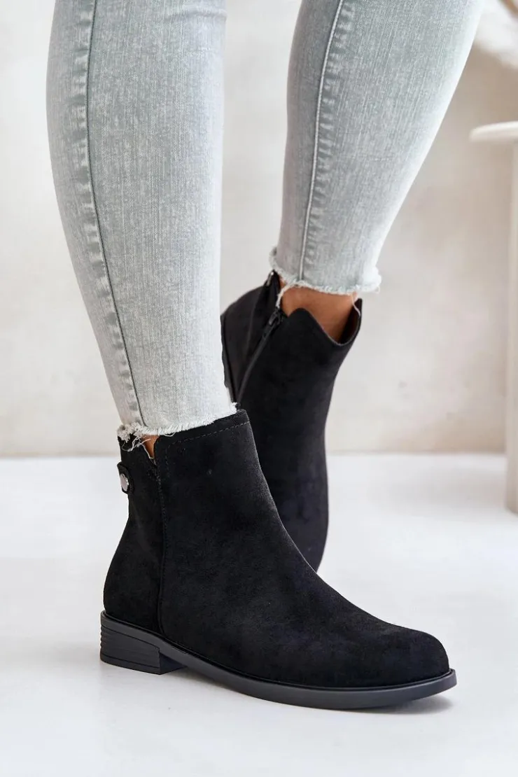 Boto Czarne Botki|Botki Zimowe Damskie*Ocieplane Niskie Botki Sztyblety Na Zamek Eko Zamszowe Czarne Telluara