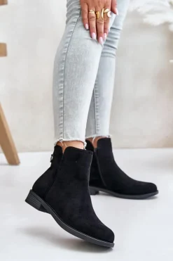 Boto Czarne Botki|Botki Zimowe Damskie*Ocieplane Niskie Botki Sztyblety Na Zamek Eko Zamszowe Czarne Telluara