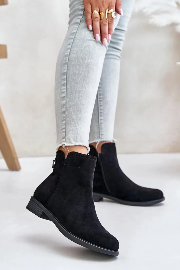 Boto Czarne Botki|Botki Zimowe Damskie*Ocieplane Niskie Botki Sztyblety Na Zamek Eko Zamszowe Czarne Telluara