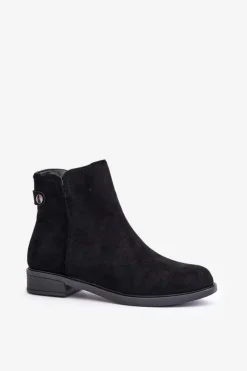 Boto Czarne Botki|Botki Zimowe Damskie*Ocieplane Niskie Botki Sztyblety Na Zamek Eko Zamszowe Czarne Telluara