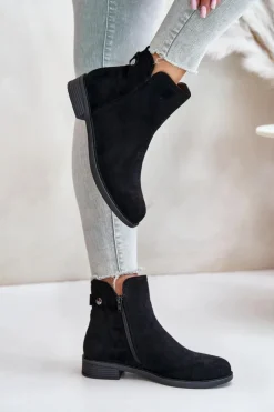 Boto Czarne Botki|Botki Zimowe Damskie*Ocieplane Niskie Botki Sztyblety Na Zamek Eko Zamszowe Czarne Telluara