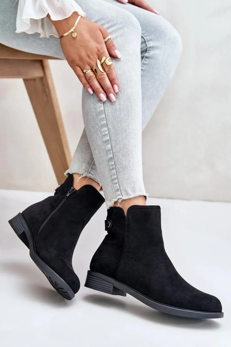 Boto Czarne Botki|Botki Zimowe Damskie*Ocieplane Niskie Botki Sztyblety Na Zamek Eko Zamszowe Czarne Telluara