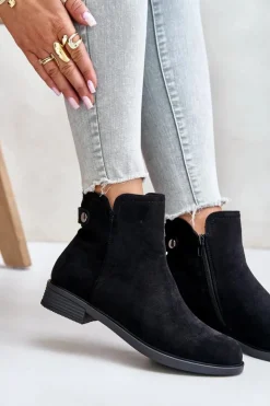 Boto Czarne Botki|Botki Zimowe Damskie*Ocieplane Niskie Botki Sztyblety Na Zamek Eko Zamszowe Czarne Telluara