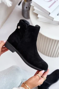 Boto Czarne Botki|Botki Zimowe Damskie*Ocieplane Niskie Botki Sztyblety Na Zamek Eko Zamszowe Czarne Telluara