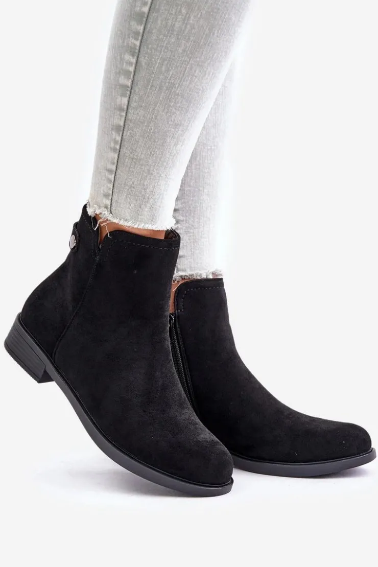 Boto Czarne Botki|Botki Zimowe Damskie*Ocieplane Niskie Botki Sztyblety Na Zamek Eko Zamszowe Czarne Telluara