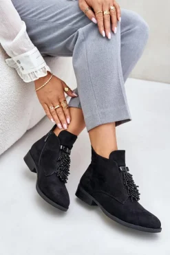 Damskie buty S.Barski Botki Ocieplane|Botki Płaskie*Ocieplane Niskie Botki Z Ozdobą Na Zamek S.Barski HY42-715 Czarne