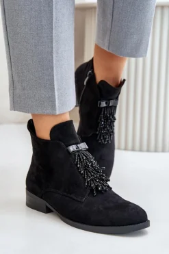 Damskie buty S.Barski Botki Ocieplane|Botki Płaskie*Ocieplane Niskie Botki Z Ozdobą Na Zamek S.Barski HY42-715 Czarne