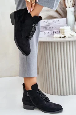 Damskie buty S.Barski Botki Ocieplane|Botki Płaskie*Ocieplane Niskie Botki Z Ozdobą Na Zamek S.Barski HY42-715 Czarne