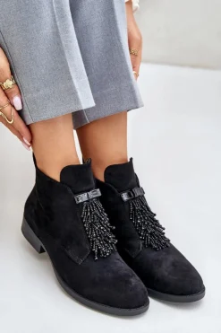 Damskie buty S.Barski Botki Ocieplane|Botki Płaskie*Ocieplane Niskie Botki Z Ozdobą Na Zamek S.Barski HY42-715 Czarne