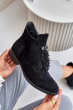 Damskie buty S.Barski Botki Ocieplane|Botki Płaskie*Ocieplane Niskie Botki Z Ozdobą Na Zamek S.Barski HY42-715 Czarne