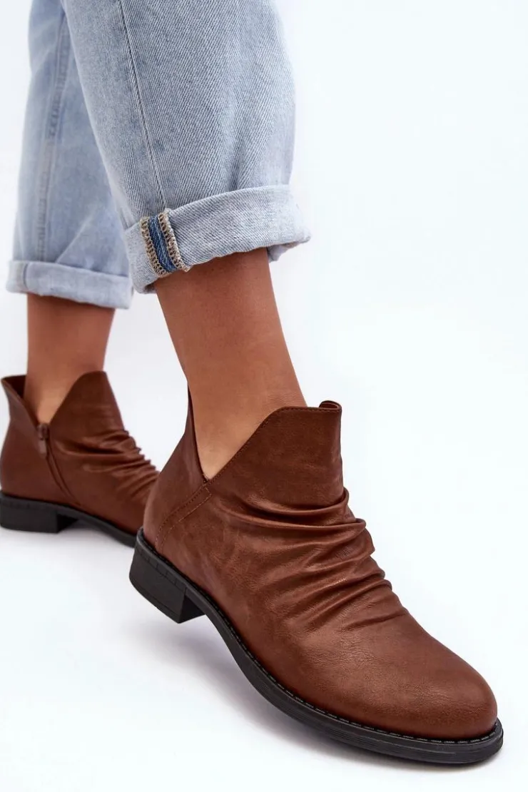 Damskie Boto Ocieplane Niskie Botki Z Marszczeniem Brązowe Sakaala