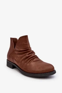 Damskie Boto Ocieplane Niskie Botki Z Marszczeniem Brązowe Sakaala