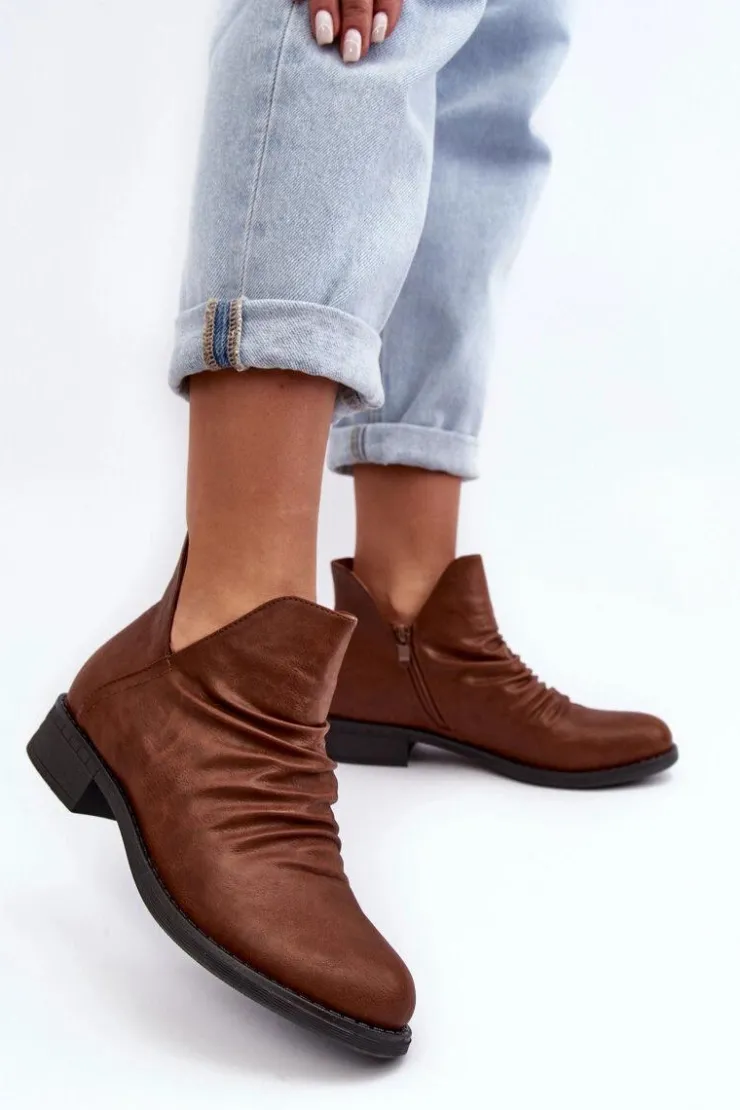 Damskie Boto Ocieplane Niskie Botki Z Marszczeniem Brązowe Sakaala