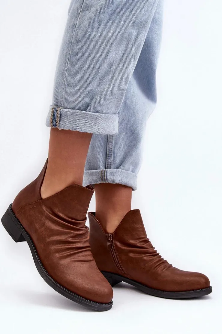 Damskie Boto Ocieplane Niskie Botki Z Marszczeniem Brązowe Sakaala