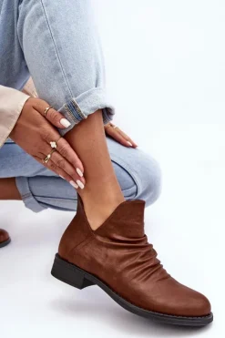 Damskie Boto Ocieplane Niskie Botki Z Marszczeniem Brązowe Sakaala