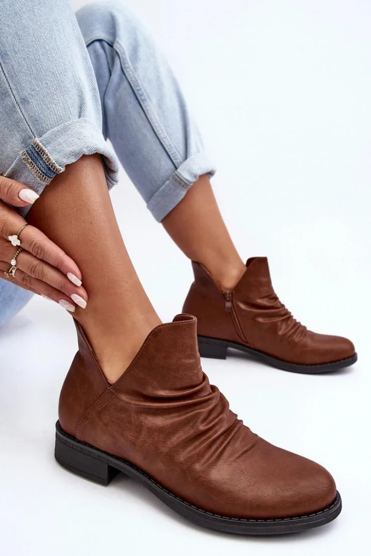 Damskie Boto Ocieplane Niskie Botki Z Marszczeniem Brązowe Sakaala