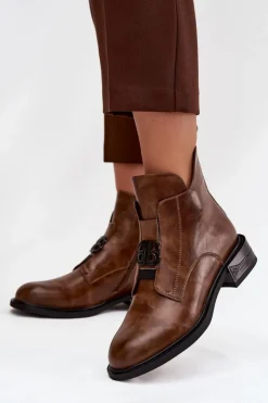 Damskie Boto Ocieplane Skórzane Botki Damskie Z Ozdobnym Detalem Brązowe Briselda