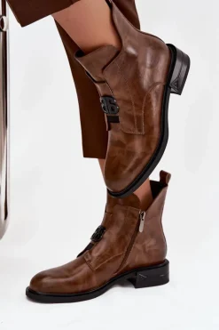 Damskie Boto Ocieplane Skórzane Botki Damskie Z Ozdobnym Detalem Brązowe Briselda