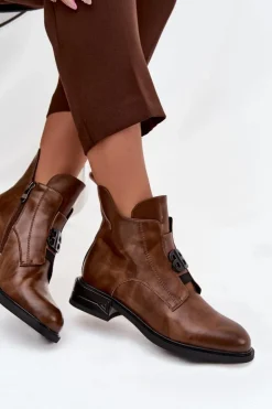 Damskie Boto Ocieplane Skórzane Botki Damskie Z Ozdobnym Detalem Brązowe Briselda