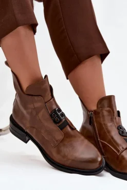 Damskie Boto Ocieplane Skórzane Botki Damskie Z Ozdobnym Detalem Brązowe Briselda